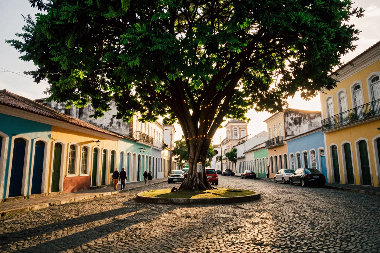 Colorful Salvador Brazil Street Scene Golden Hour with Tree and String Lights in in Salvador, Brazil