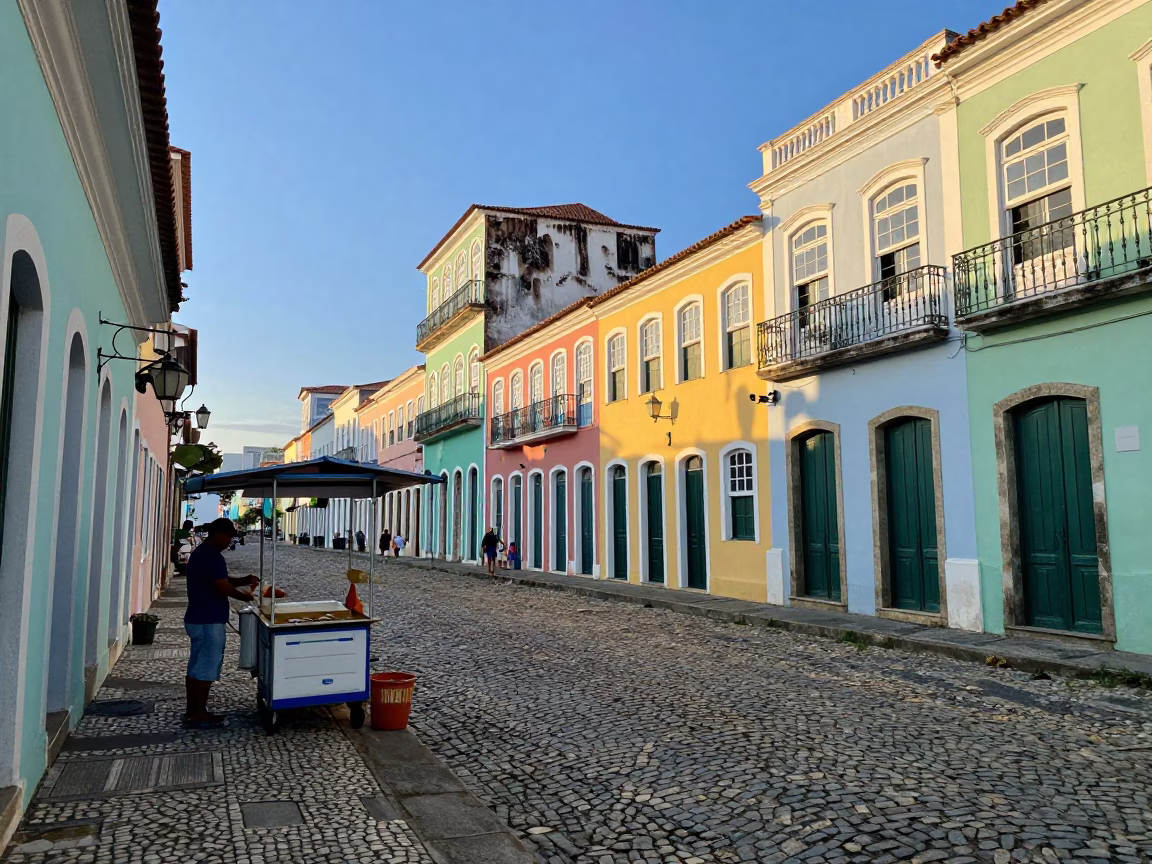 Colorful Salvador Brazil Street Scene Just After Sunrise With Local Life And Bright Architecture in in Salvador, Brazil