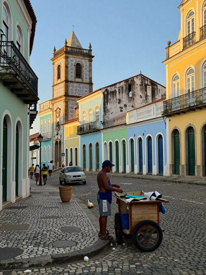 Colorful Salvador Brazil Street Scene Late Afternoon Fishing Floats and Local Life in in Salvador, Brazil