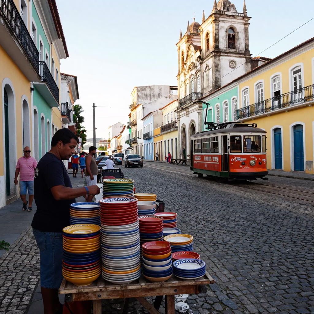 Colorful Salvador Brazil Street Scene Late Morning with Funicular and Stacked Plates in in Salvador, Brazil