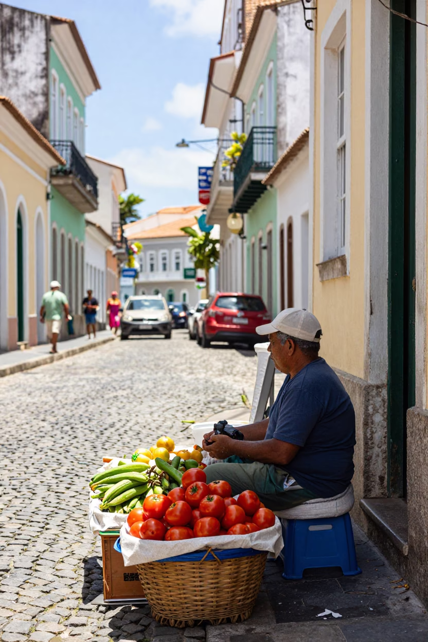 Colorful Salvador Brazil Street Scene with Basket and Local Commerce in Bright Midmorning Light in in Salvador, Brazil