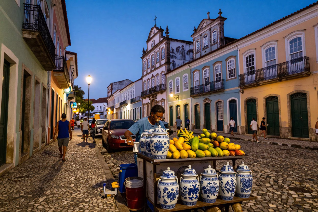 Colorful Salvador Brazil Street Scene with Blue and White Porcelain Jar and City Lights in in Salvador, Brazil