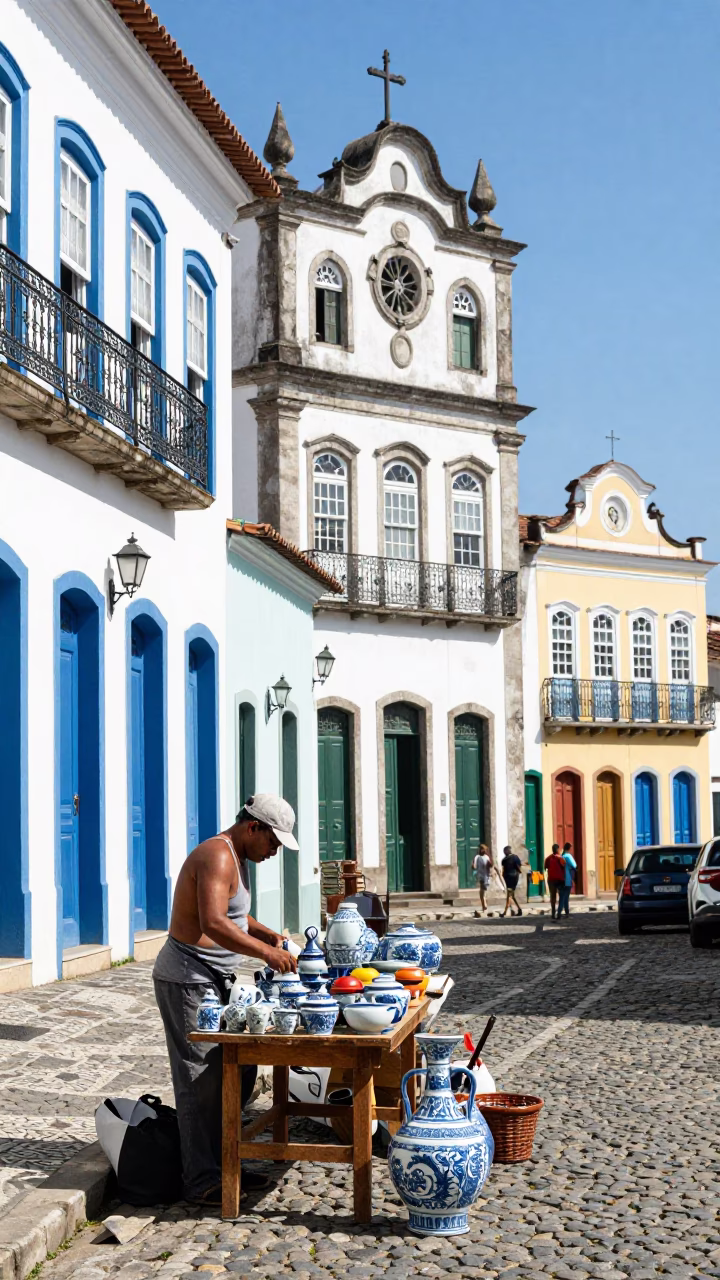 Colorful Salvador Brazil Street Scene with Blue White Porcelain and Stone Bowl at Noon in in Salvador, Brazil