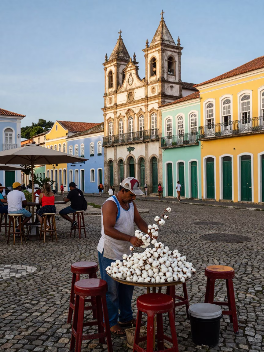 Colorful Salvador Brazil Street Scene with Cotton and Bar Stools in in Salvador, Brazil