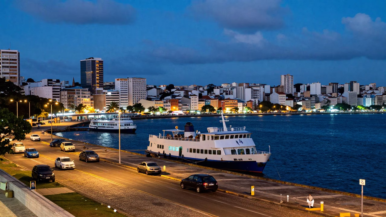 Colorful Salvador Brazil Street Scene with Ferry Dock and Evening Lights in in Salvador, Brazil