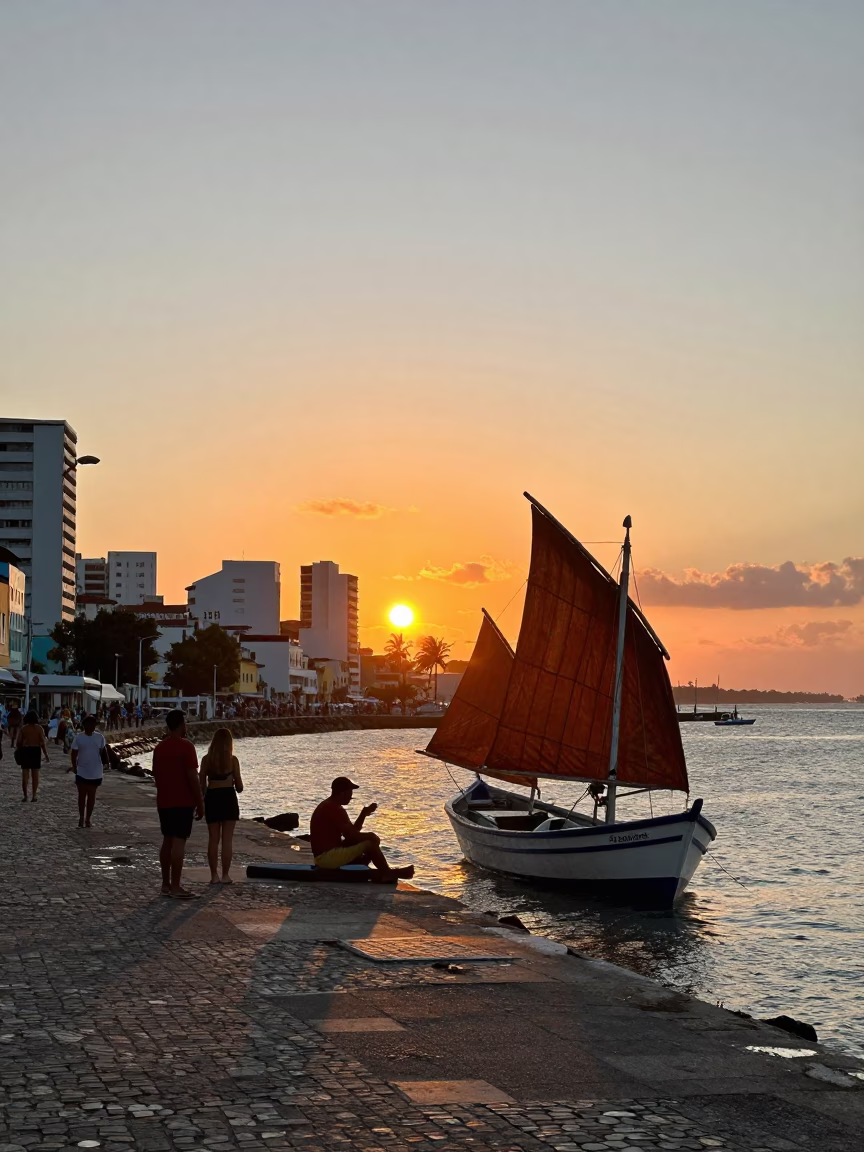 Colorful Salvador Brazil Street Scene with Fishing Boat at Sunset in in Salvador, Brazil