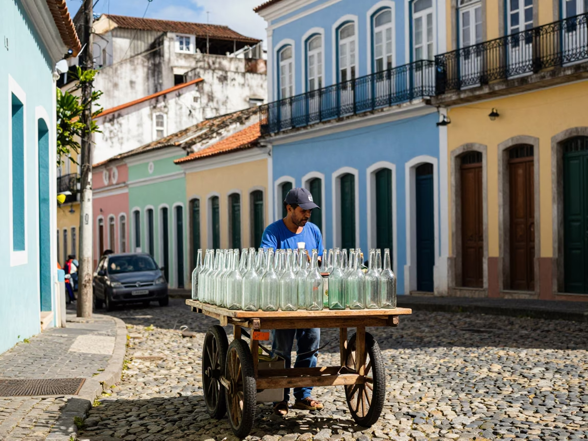 Colorful Salvador Brazil Street Scene with Glass Bottles and Local Market Activity in in Salvador, Brazil