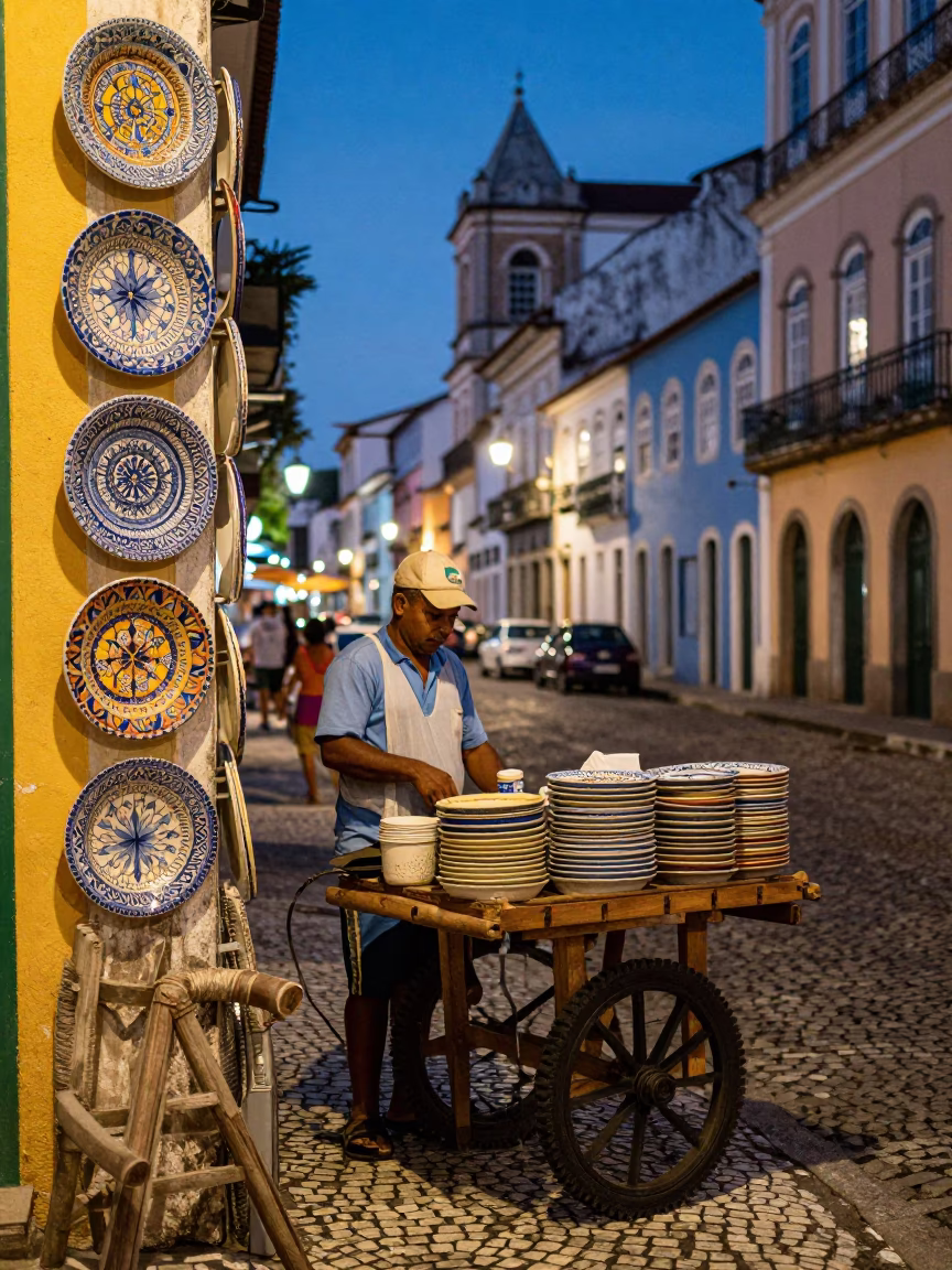 Colorful Salvador Brazil Street Scene with Majolica Plates and Evening City Lights in in Salvador, Brazil