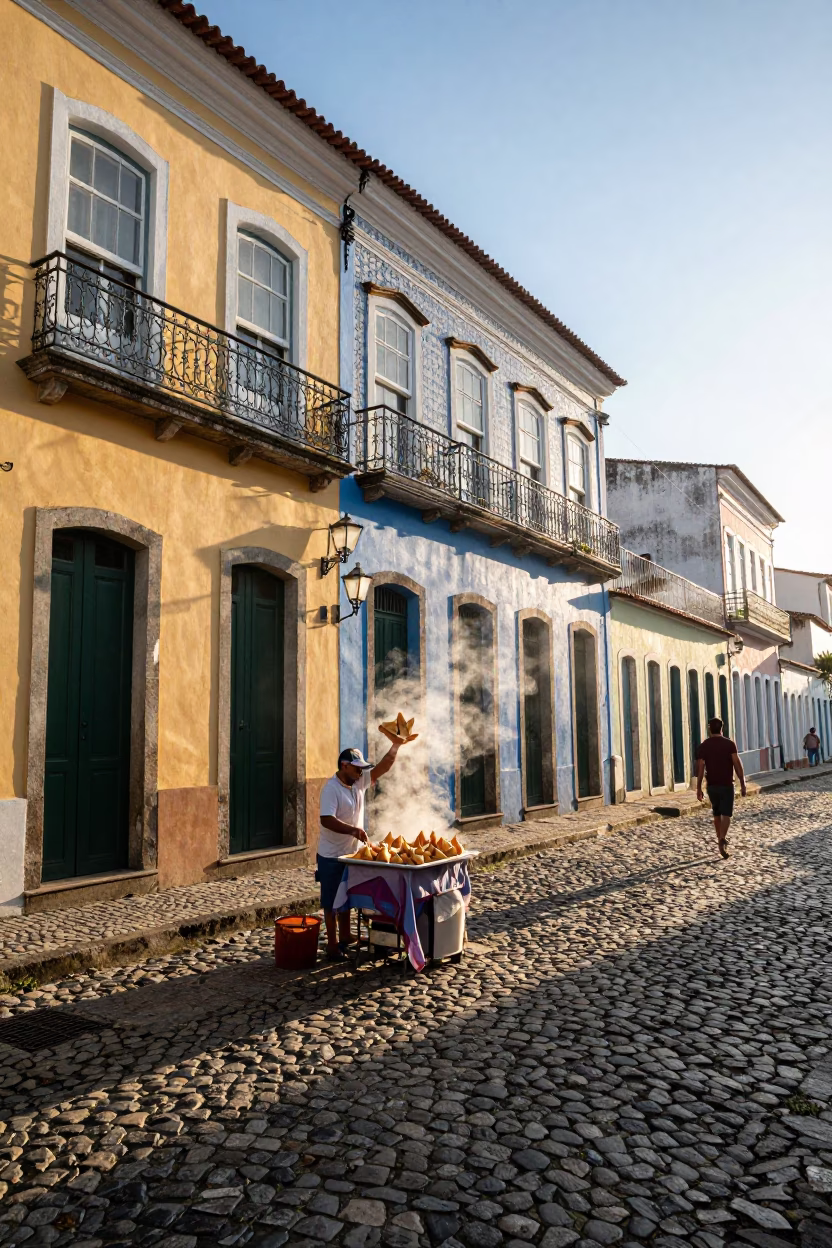 Colorful Salvador Brazil Street Scene with Sambusa and Morning Light in in Salvador, Brazil