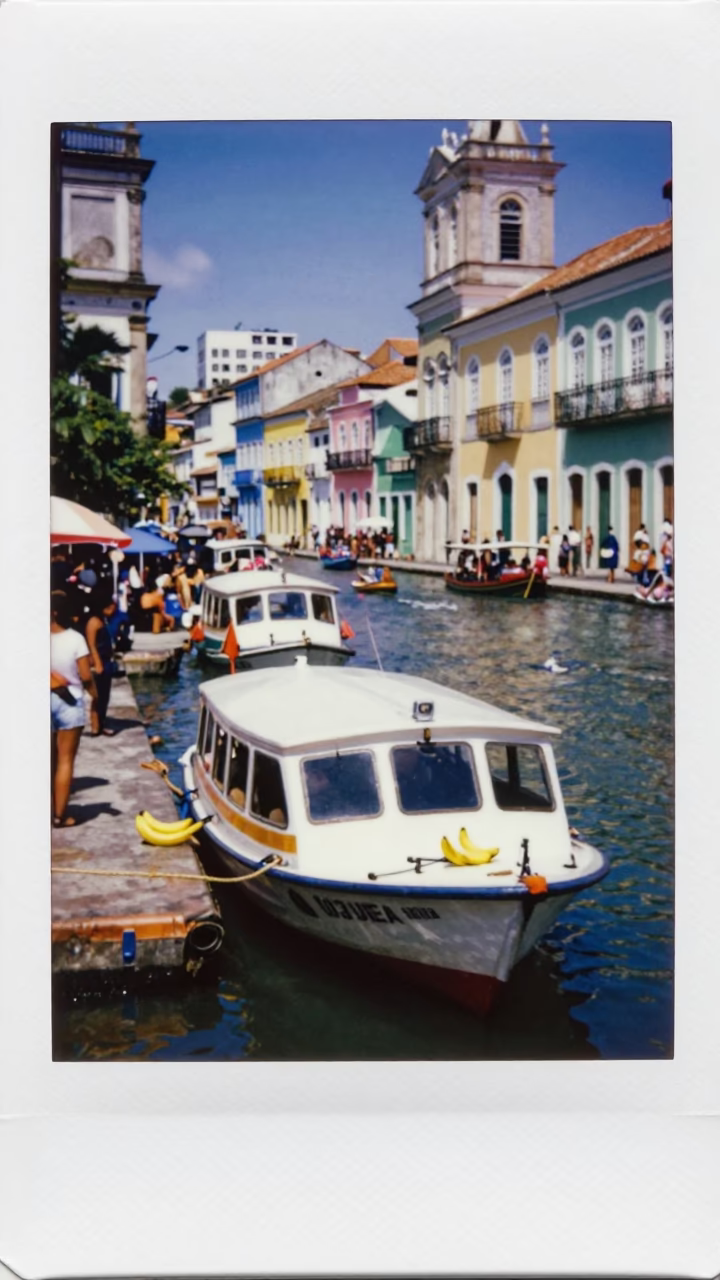 Colorful Salvador Brazil Street Scene with Water Taxi and Banana Plantation at Noon in in Salvador, Brazil
