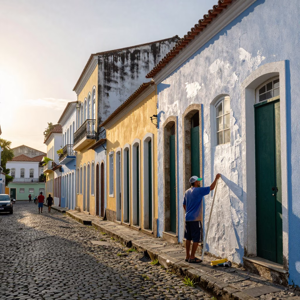 Colorful Salvador Brazil Street Scene with Whitewashed Walls and Morning Light in in Salvador, Brazil