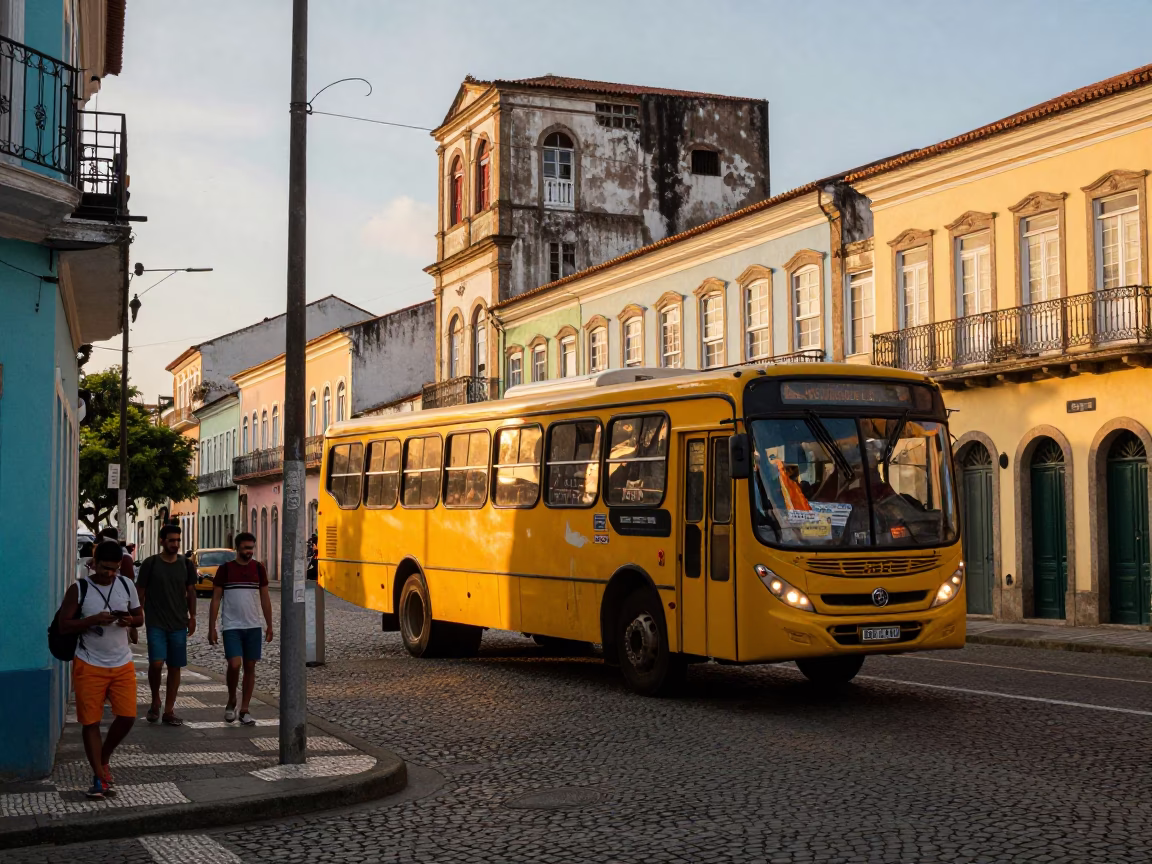 Colorful Salvador Brazil Street Scene with Yellow Bus and Pedestrians in Evening Light in in Salvador, Brazil
