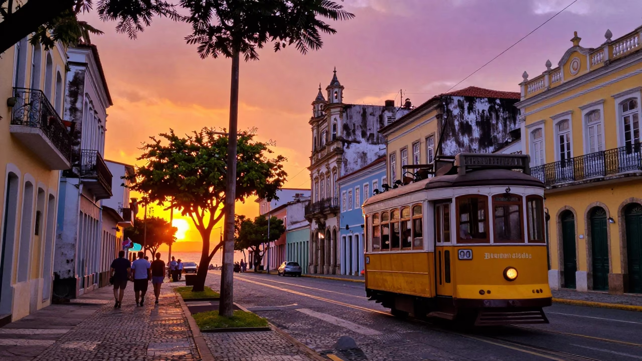 Colorful Salvador Brazil Sunset Street Scene with Old Trolley and Overpass in in Salvador, Brazil