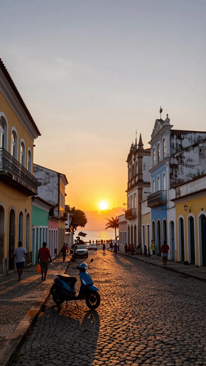 Colorful Salvador Brazil Sunset Street Scene with Scooter and Glass Bottles in in Salvador, Brazil