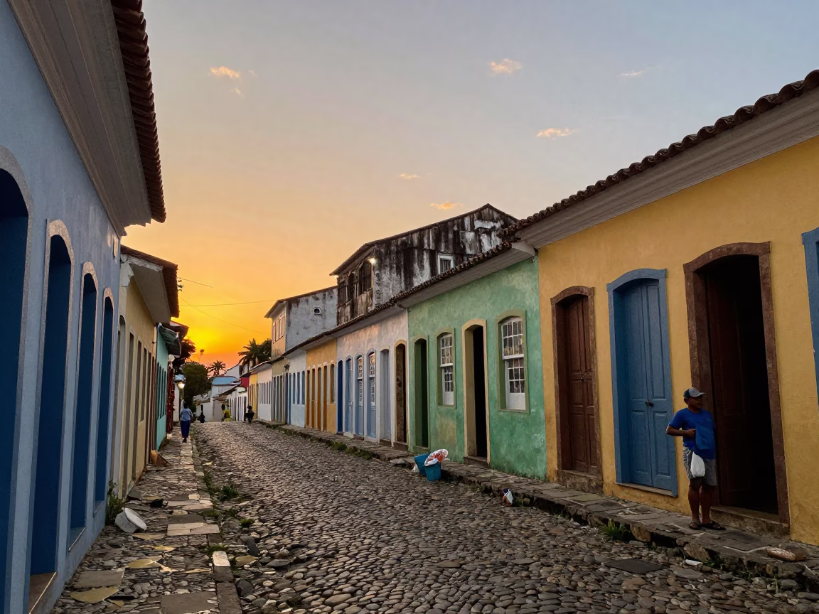 Colorful Salvador Brazil Sunset Street Scene with Traditional Architecture and Local Life in in Salvador, Brazil