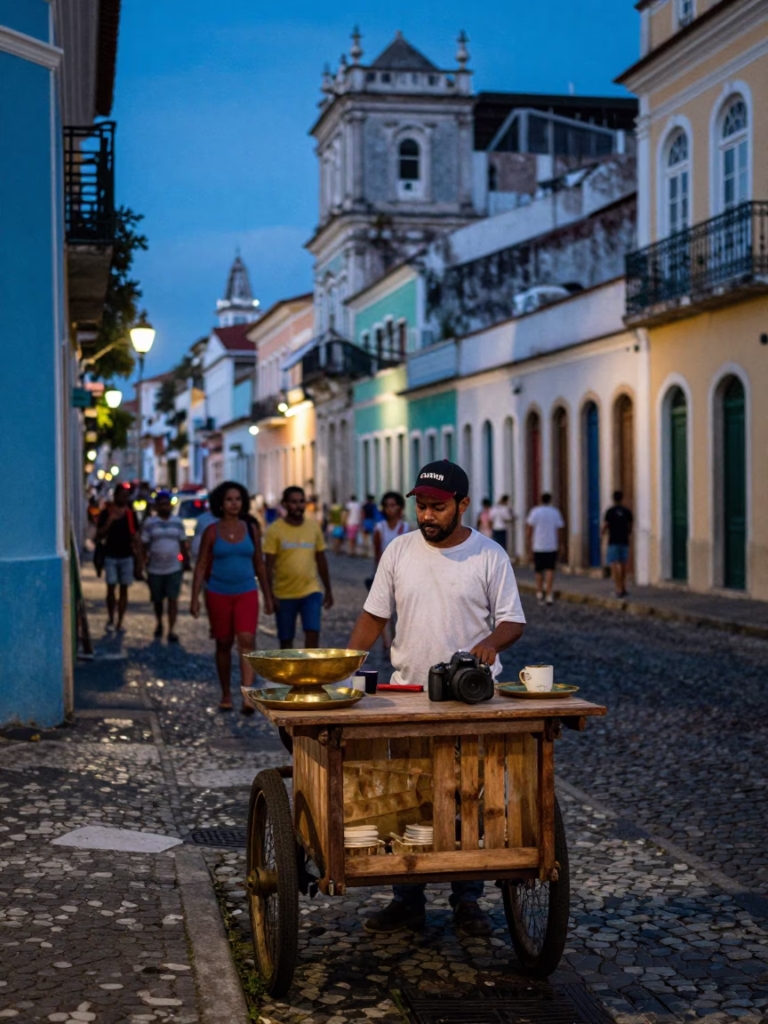 Colorful Salvador Evening Street Scene with Brass Tray and Local Interaction in in Salvador, Brazil
