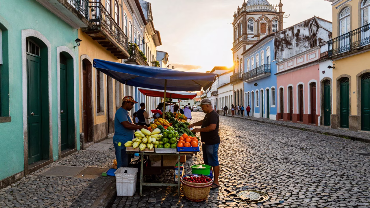 Colorful Salvador Street Scene After Sunrise with Ceramic Plate and Junk Boat in in Salvador, Brazil