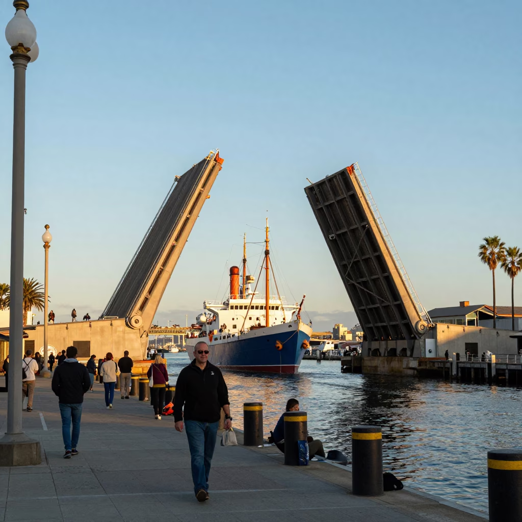 Colorful San Diego Harbor Scene with Drawbridge and Late Afternoon Light in in San Diego, California, United States