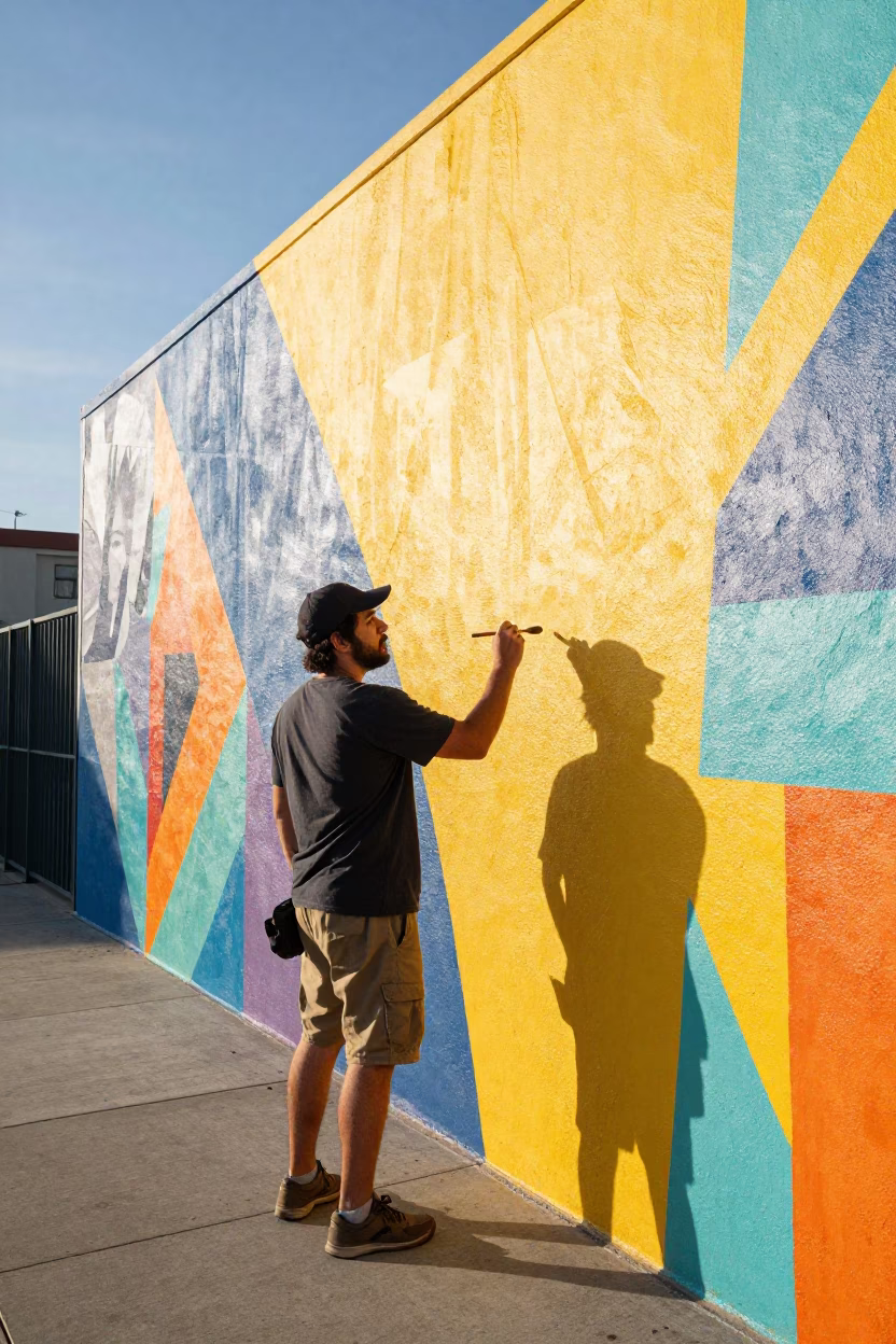 Colorful San Diego Street Mural Being Painted by Artist in Late Morning Sunlight in in San Diego, California, United States