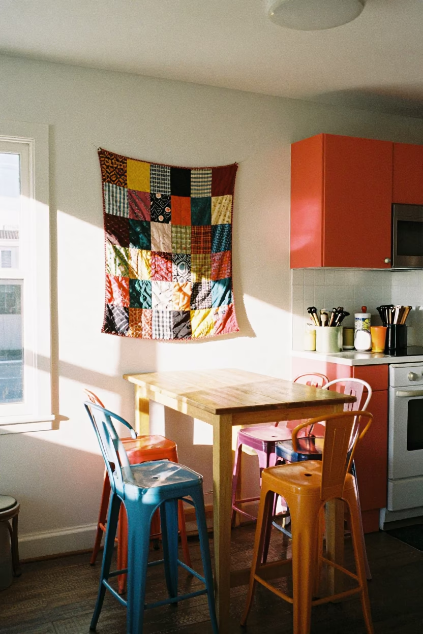 Colorful San Francisco Kitchen Scene with Bar Stools and Quilt Details in in San Francisco, California, United States