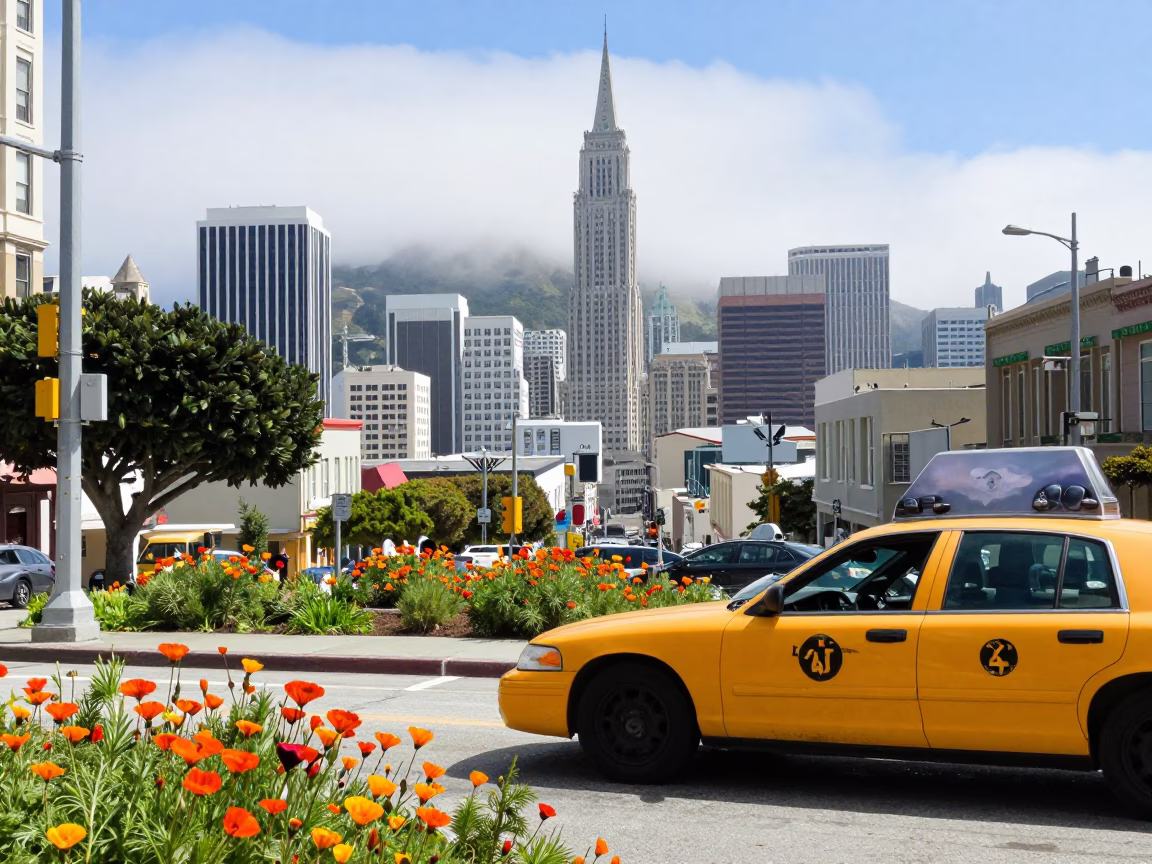 Colorful San Francisco Street Scene with Yellow Cab and Poppies in Bright Midmorning Light in in San Francisco, California, United States
