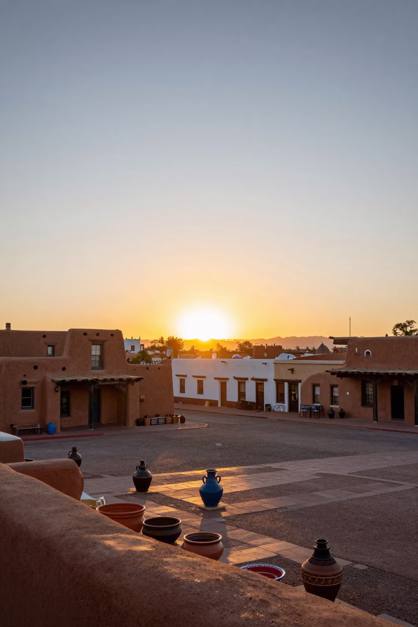 Colorful Santa Fe Plaza at Sunset with Traditional Pottery and Adobe Architecture in in Santa Fe, New Mexico, United States