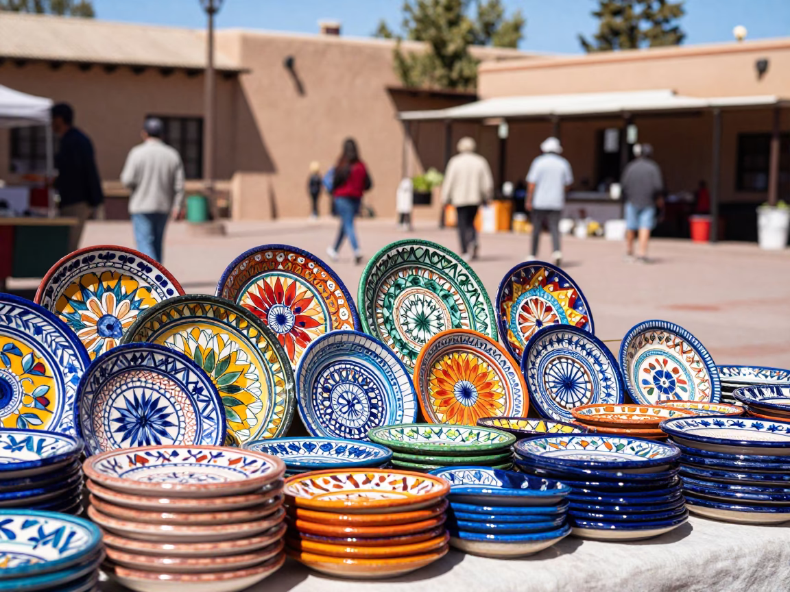 Colorful Santa Fe Plaza Market Scene with Majolica Plates and Midday Sunlight in in Santa Fe, New Mexico, United States