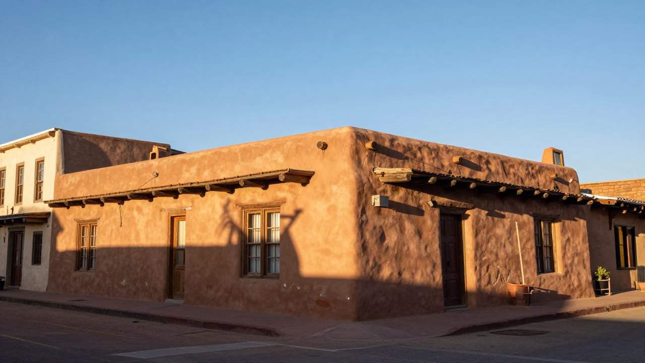 Colorful Santa Fe Street Scene Early Afternoon with Adobe Architecture and Local Commerce in in Santa Fe, New Mexico, United States