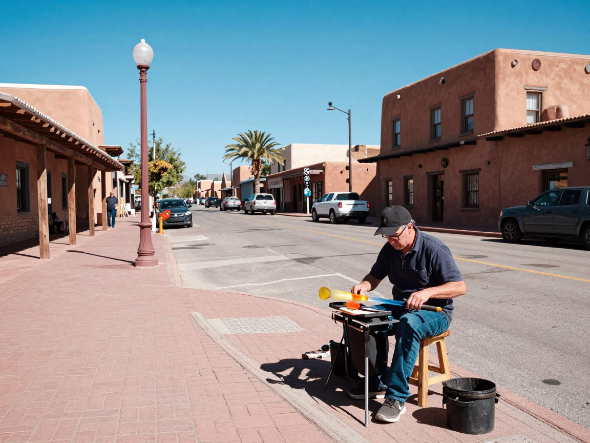 Colorful Santa Fe Street Scene with Glass Blowing Demonstration and Local Architecture in in Santa Fe, New Mexico, United States