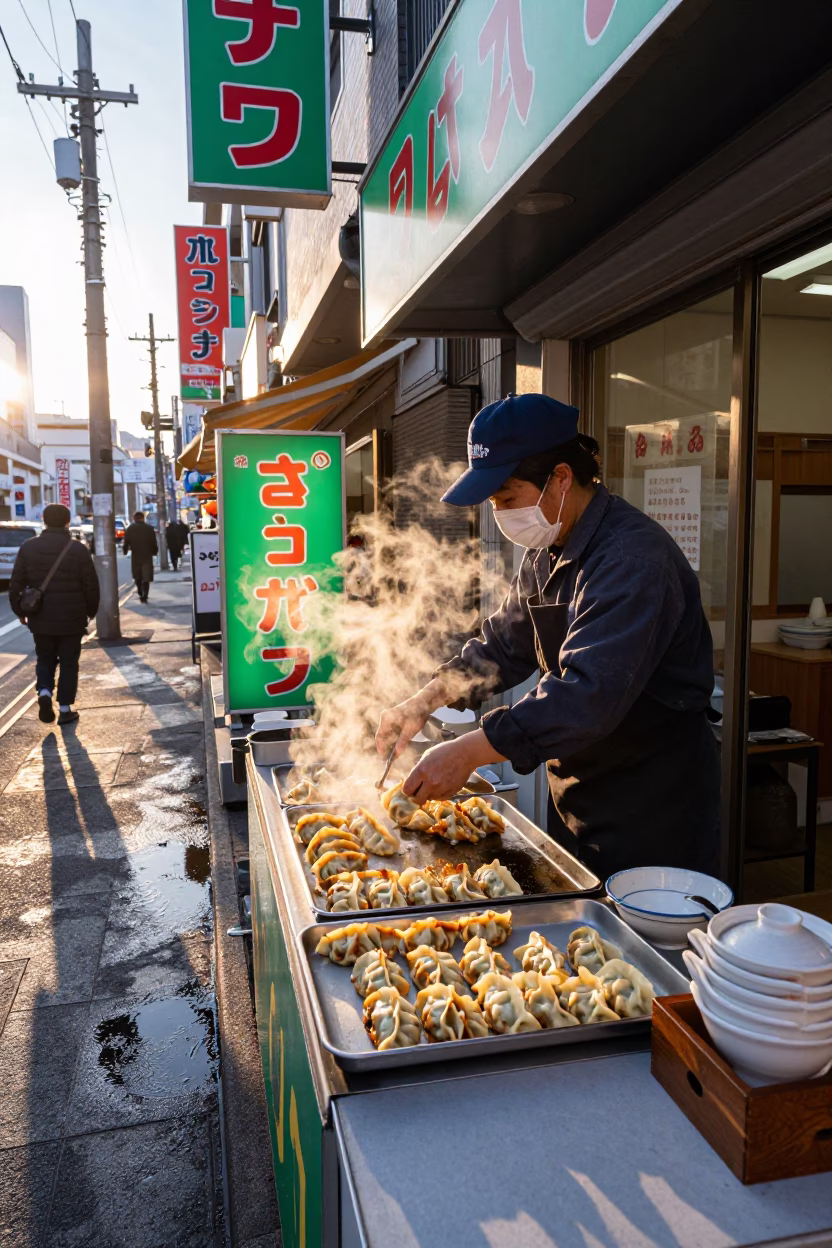 Colorful Sapporo Street Breakfast Scene with Gyoza and Ceramic Cup at Sunrise in in Sapporo, Japan