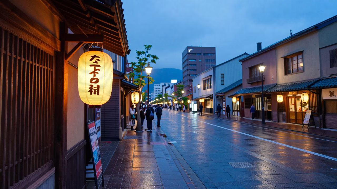 Colorful Sapporo Street Scene with Lanterns in Early Evening Japan in in Sapporo, Japan