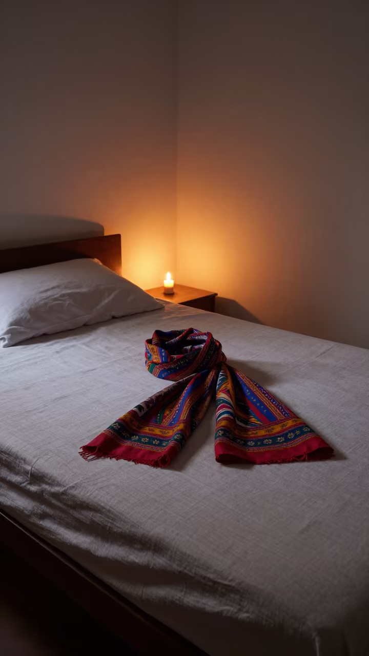 Colorful Scarf on Linen Daybed in Taunggyi Twilight in on a bedside table in Taunggyi