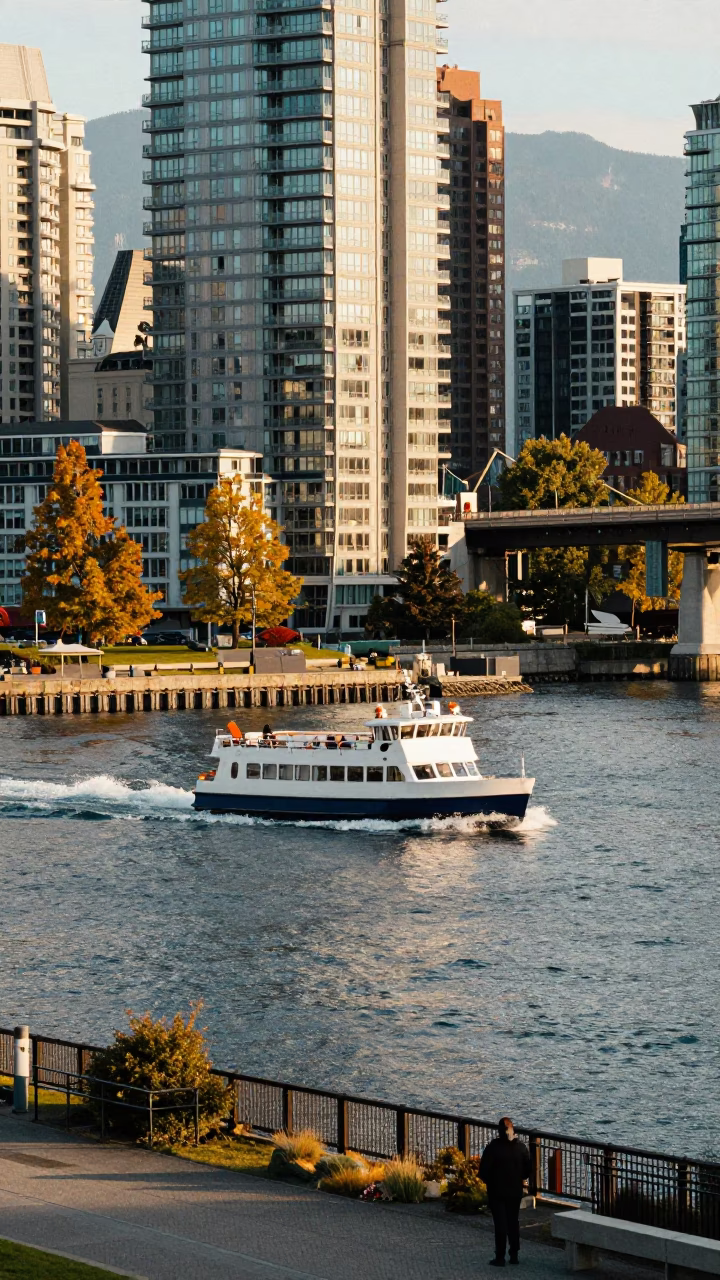 Colorful Seawall Scene with Water Taxi and Bridge Maintenance Cage in Vancouver British Columbia in in Vancouver, British Columbia, Canada