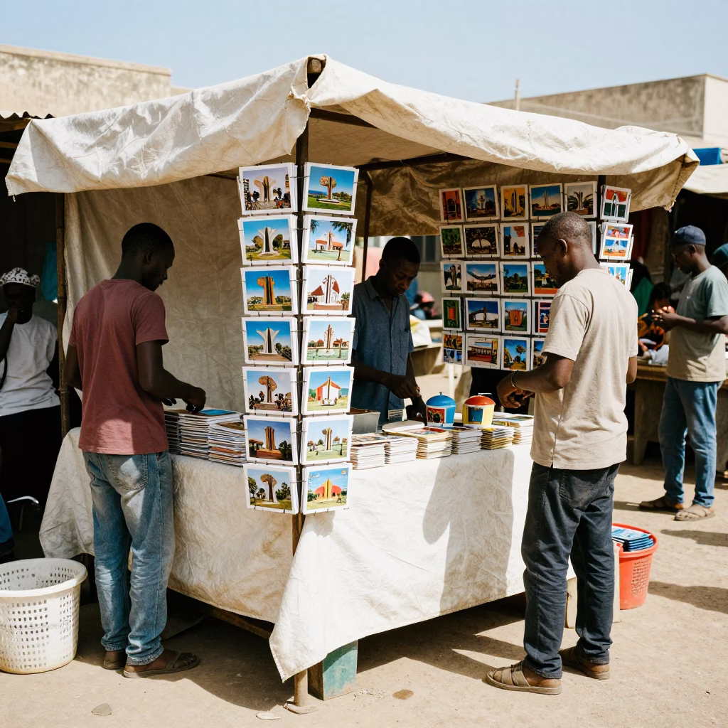 Colorful Senegalese Market Stall with Postcards and Local Crafts in Dakar Bright Sunlight in in Dakar, Senegal