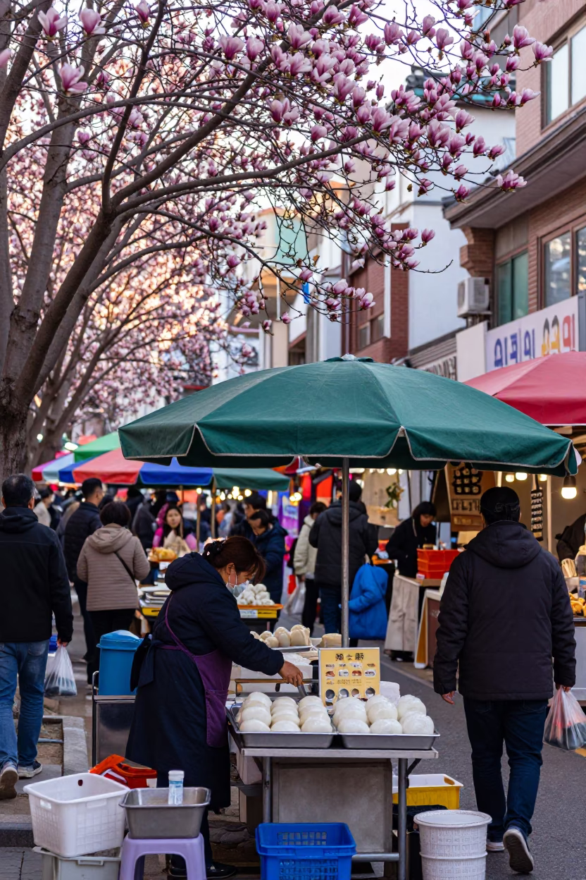 Colorful Seoul Street Market Late Morning with Magnolia Tree and Food Stall in in Seoul, South Korea