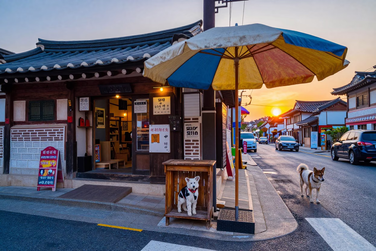 Colorful Seoul Street Scene with Umbrella Stand and Catahoula Leopard Dog at Sunset in in Seoul, South Korea