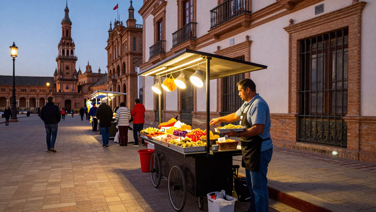 Colorful Seville Evening Street Scene with Food Vendor and Traditional Architecture in in Seville, Spain