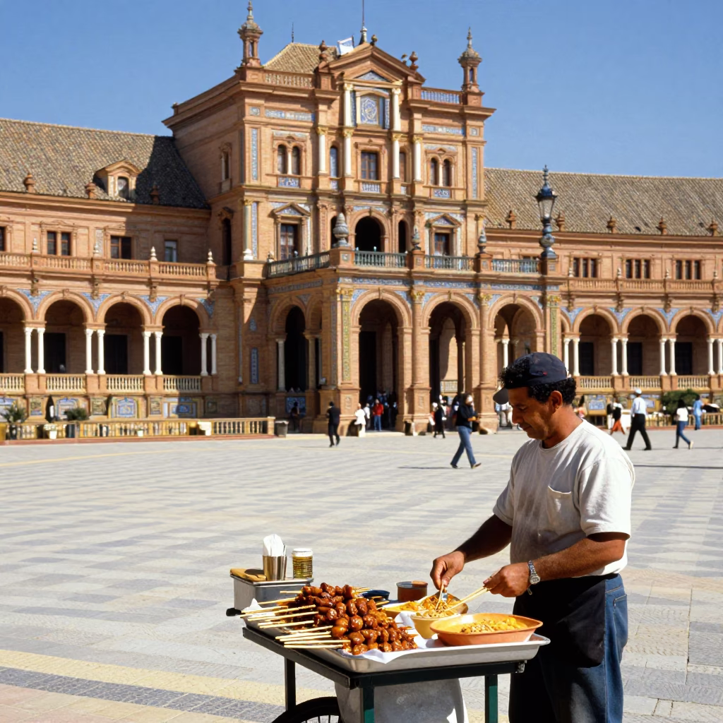 Colorful Seville Plaza Street Scene with Vintage 1950s Charm and Local Life in in Seville, Spain