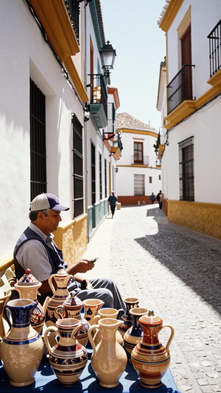Colorful Seville Spain Midday Street Scene with Ceramic Pitcher and Local Market Interaction in in Seville, Spain