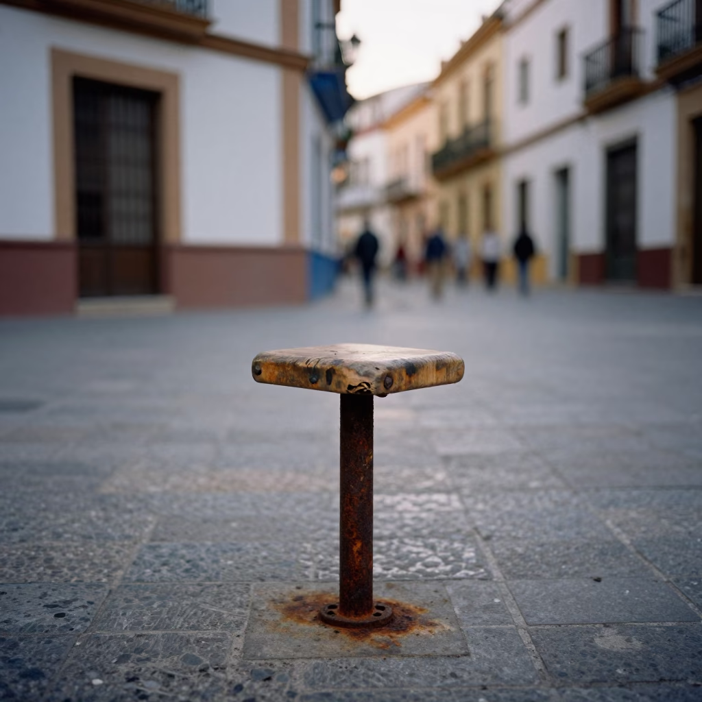 Colorful Seville Street Scene Early Evening with Rusty Stool and Chili Peppers in in Seville, Spain