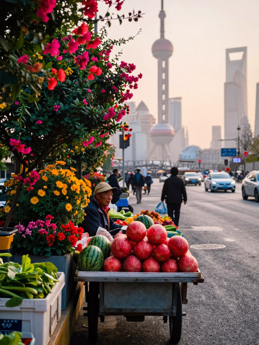 Colorful Shanghai Morning Street Scene with Flowering Plants and Local Commerce in in Shanghai, China