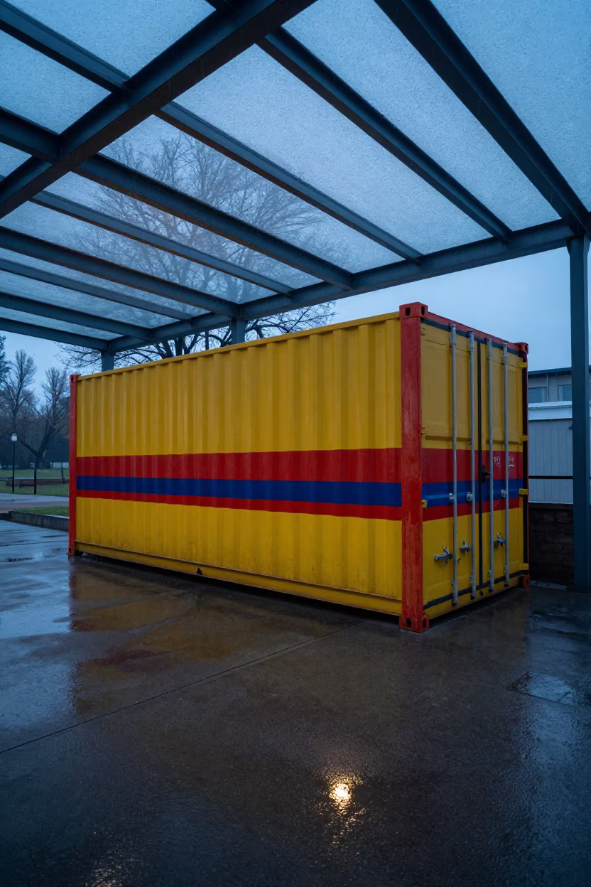 Colorful Shipping Container Home in Glass Arcade in inside a glass-roofed arcade near Aydın