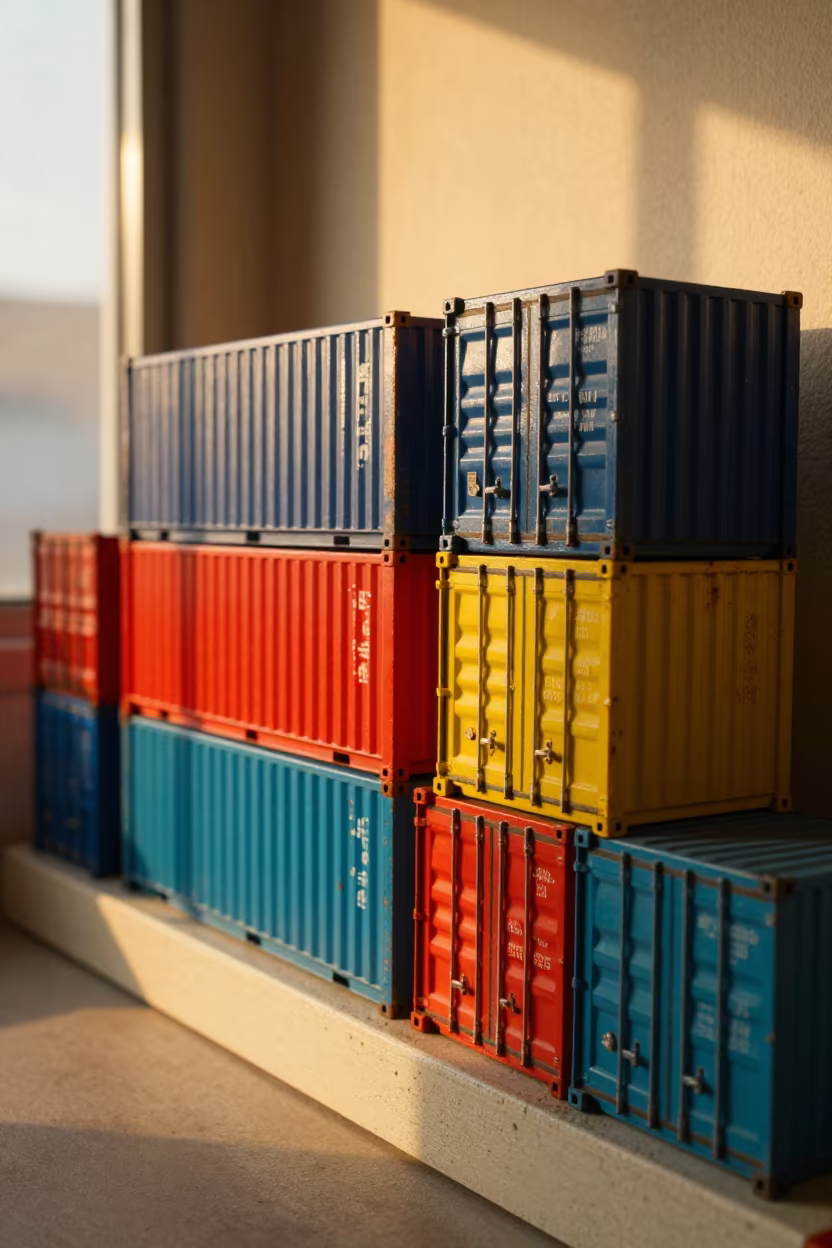 Colorful Shipping Containers on Display Ledge in on a painted display ledge near Guadalupe