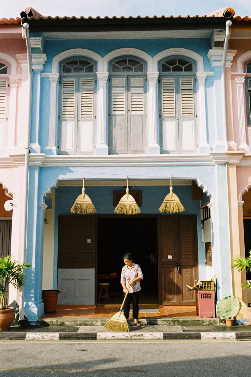 Colorful Shophouse Facade with Hanging Brooms in George Town Malaysia in in George Town, Malaysia