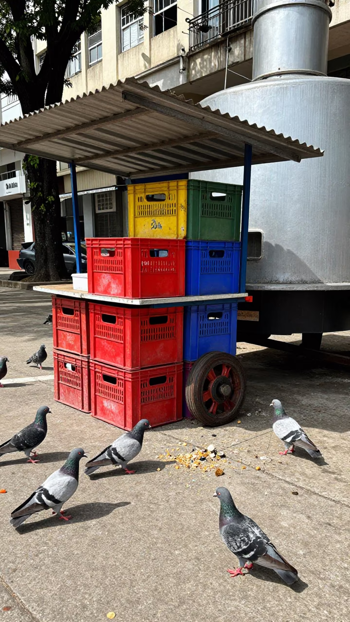 Colorful Sidewalk Stall with Pigeons and Caster Wheel in São Paulo in in São Paulo, Brazil