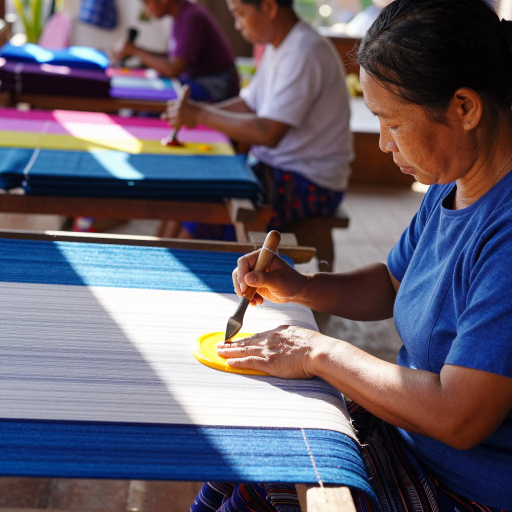 Colorful Silk Textile Workshop in Luang Prabang Laos Bright Midmorning Light in in Luang Prabang, Laos