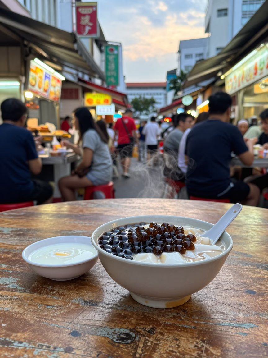 Colorful Singapore Hawker Center Evening Meal with Taho and Condiments in in Singapore, Singapore