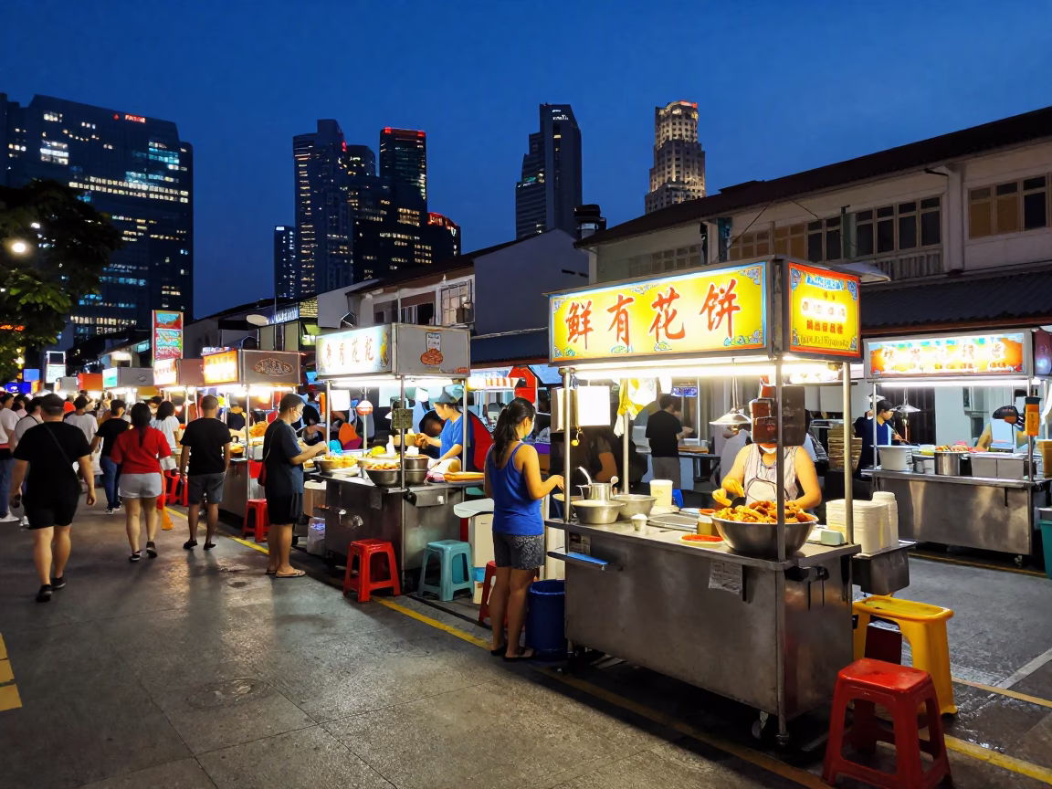 Colorful Singapore Street Food Stall at Dusk with Bowl of Acai and Dish Rack in in Singapore, Singapore