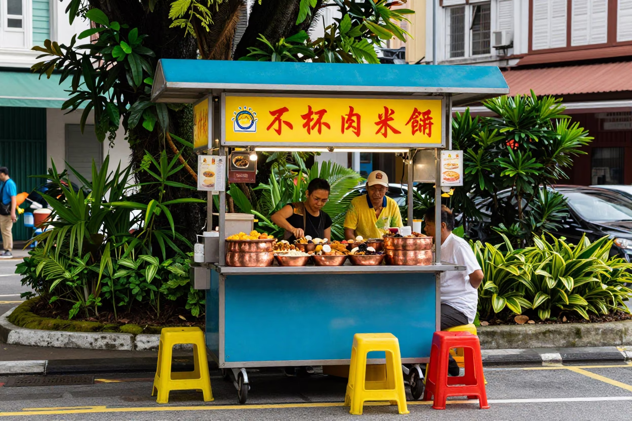 Colorful Singapore Street Food Stall with Copper Mezze Tray and Moss Garden Details in in Singapore, Singapore