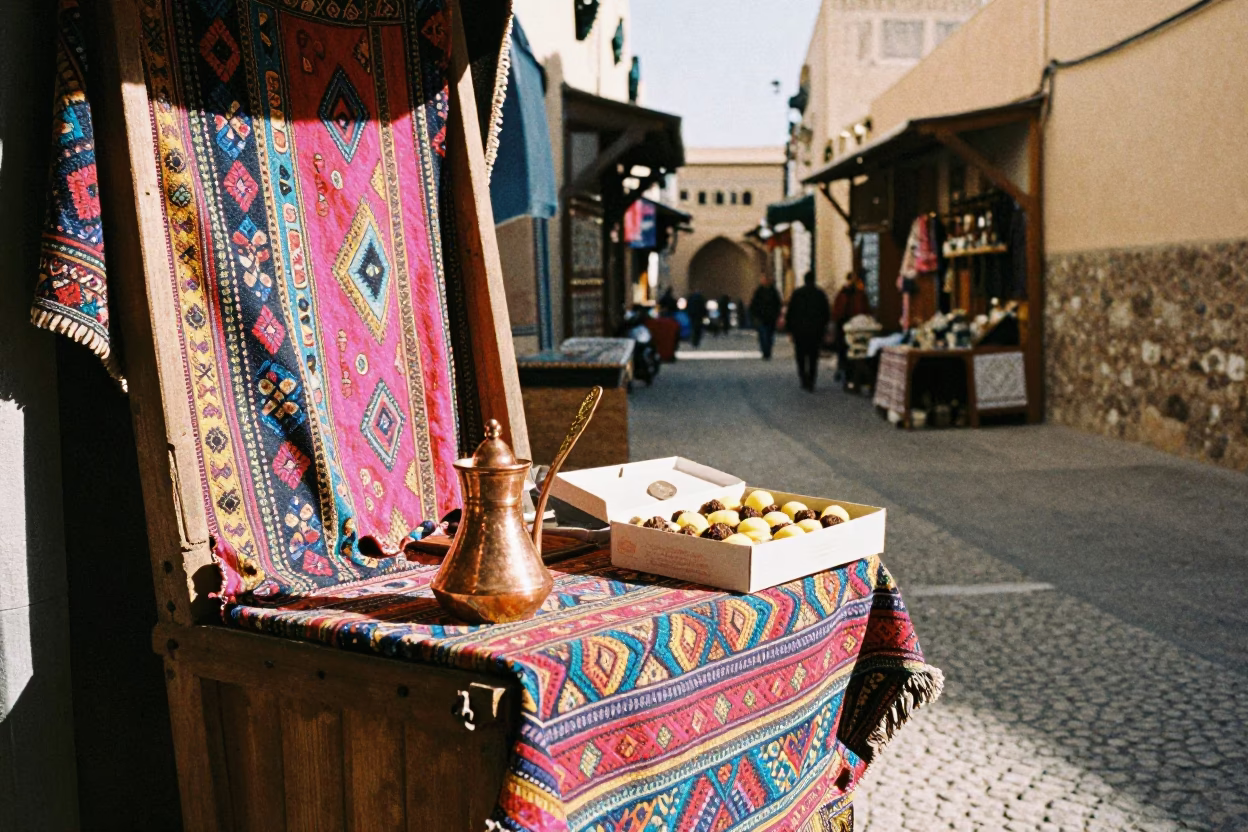Colorful Souk Stall with Copper Cezve and Small Pastries in Essaouira Morocco in in Essaouira, Morocco